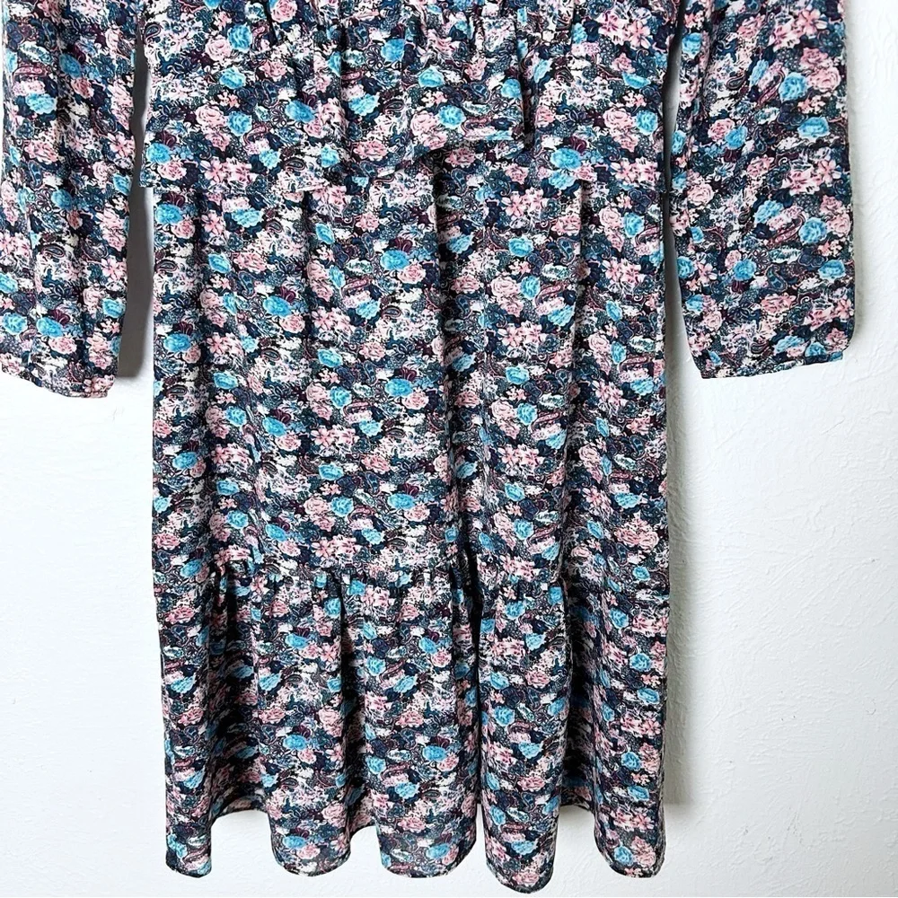 J. Crew Ruffle Hem Paisley Floral Midi Dress Sz 4 Ling Sleeve